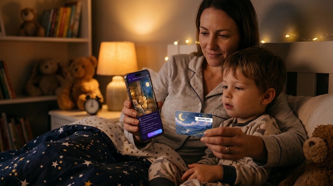 Mãe e filho na cama, compartilhando uma história infantil no celular com o cartão BookCard
