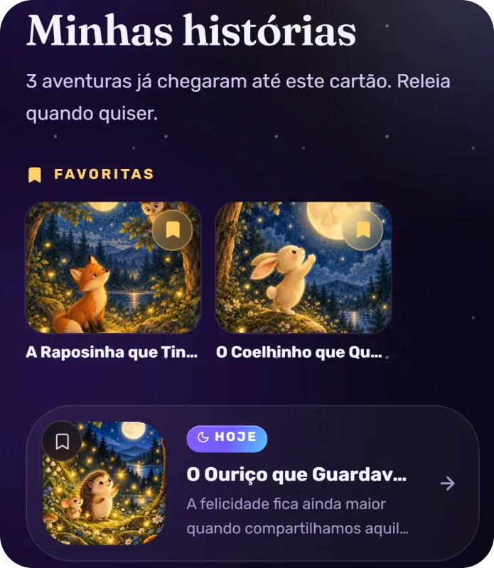 Imagem real da plataforma BookCard mostrando a biblioteca de histórias infantis para dormir