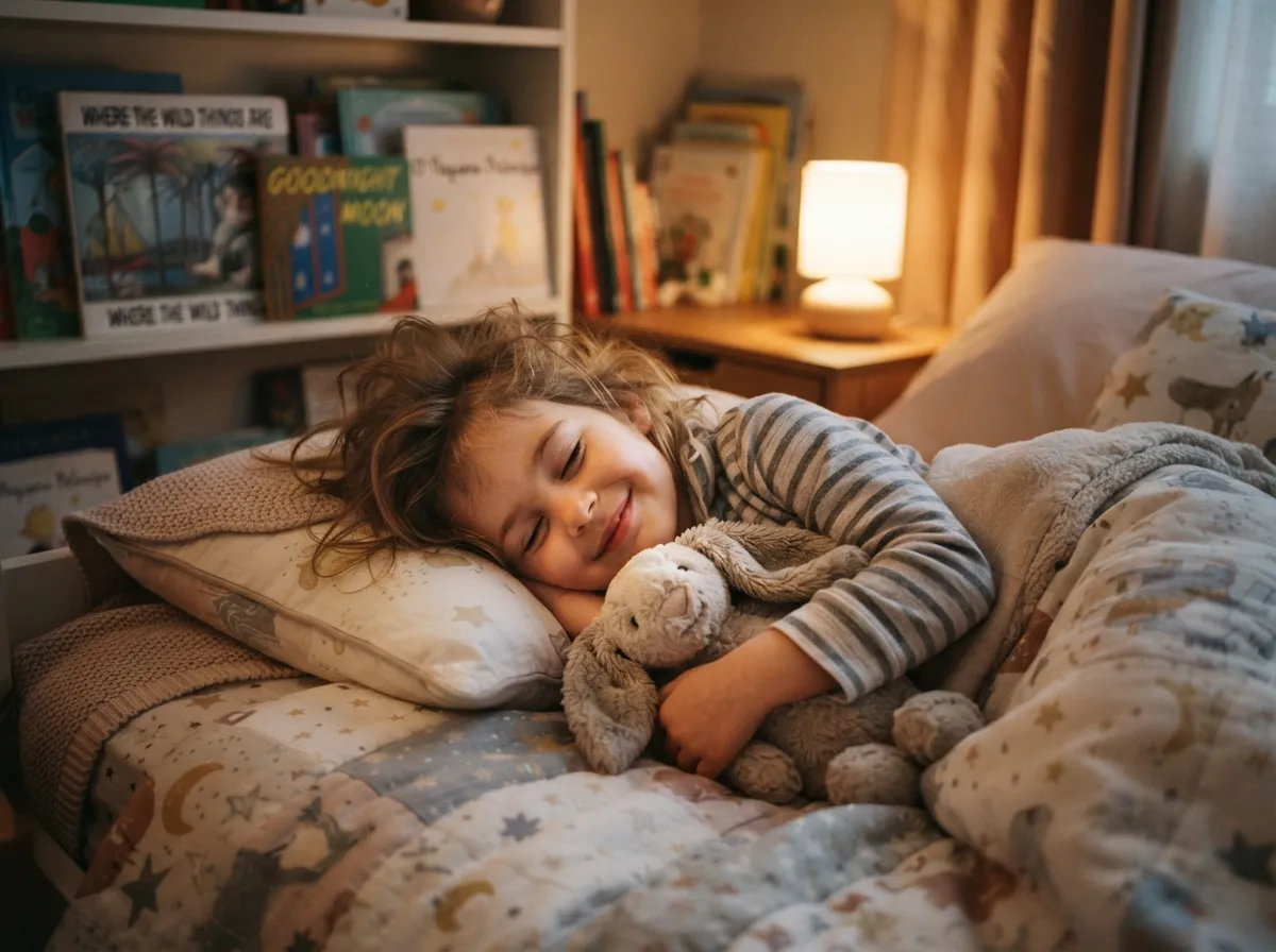 Criança dormindo com expressão tranquila após ouvir uma história para dormir